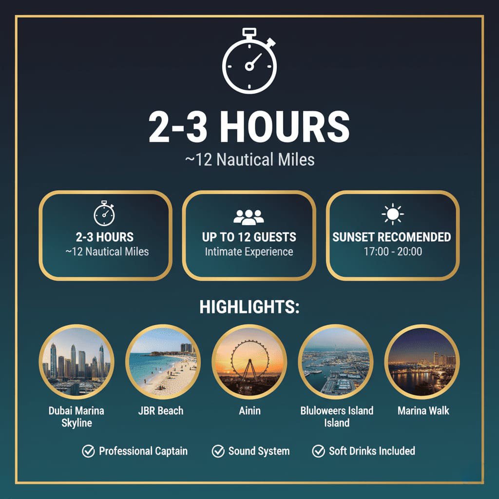 Dubai Marina JBR yacht route: scenic Dubai tour experience.