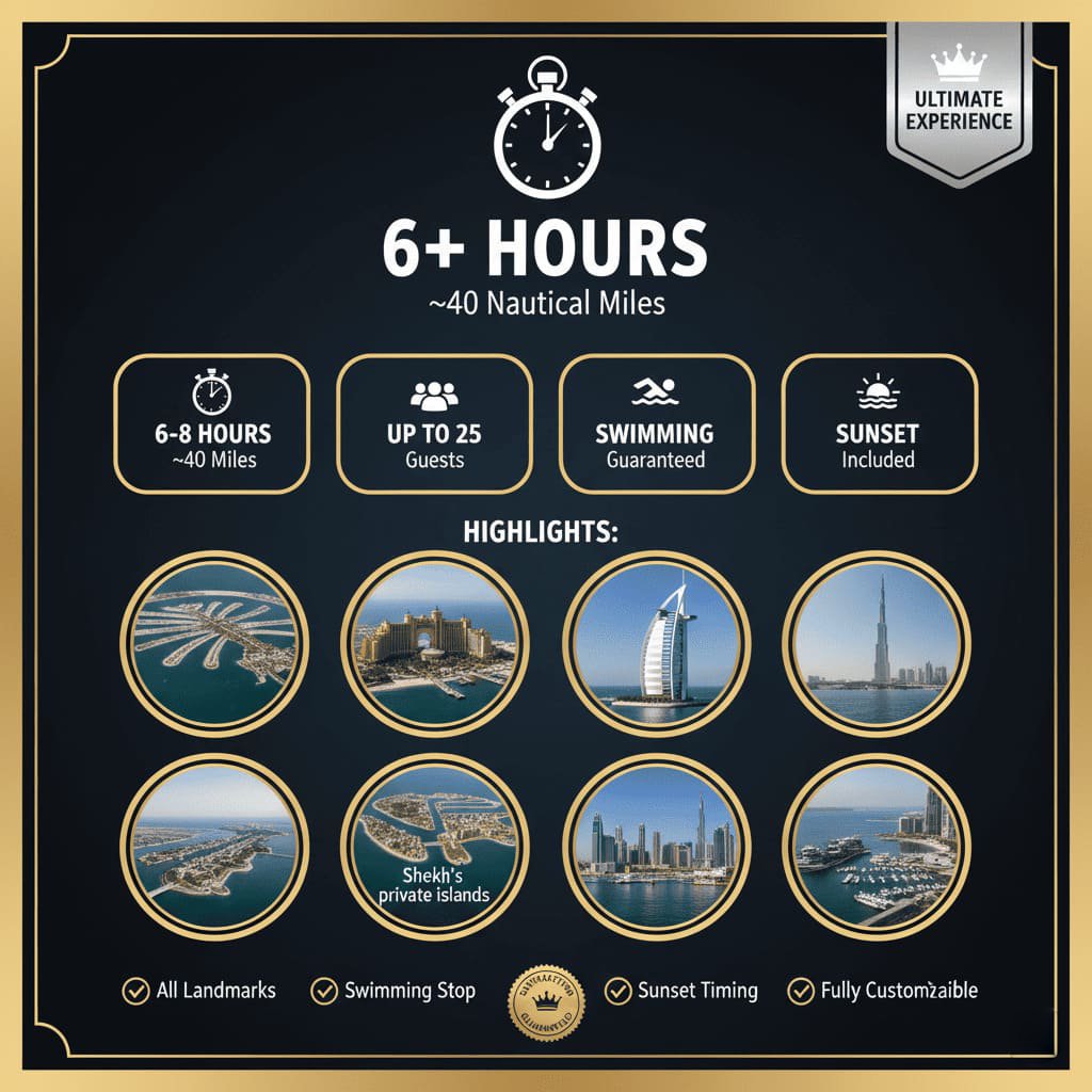 Dubai full-experience yacht tour route, experiencing all highlights.