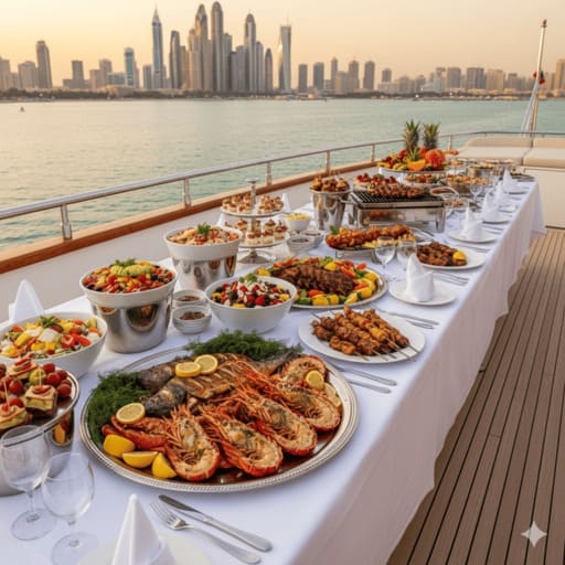 Luxury yacht gourmet catering and dining service Dubai.