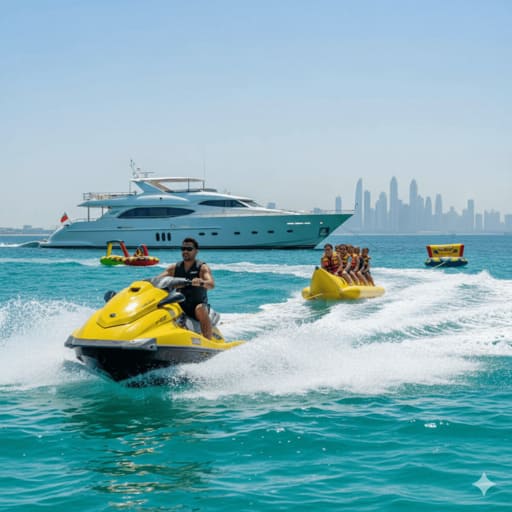 Premium yacht watersports: jet ski and diving in Dubai.