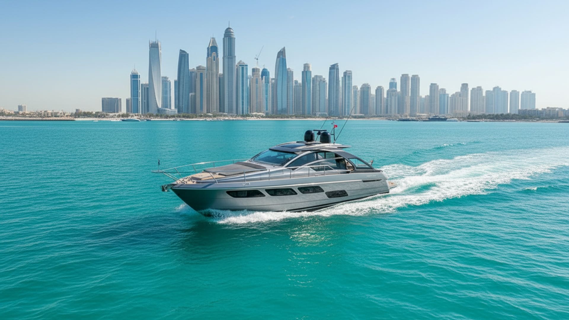 Royal Dream 52 ft luxury yacht aerial view, Dubai Marina