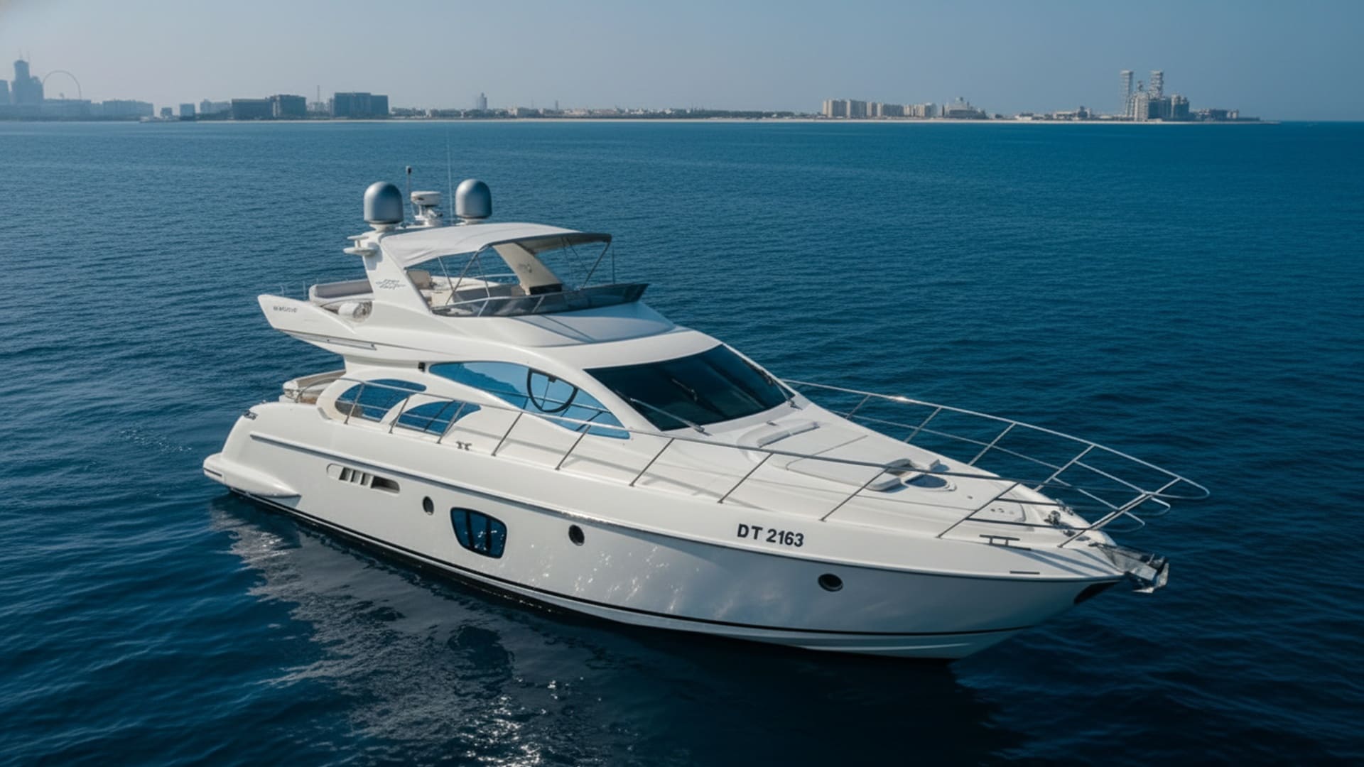 Aerial view of Platinum Paradise 55 ft yacht cruising Dubai