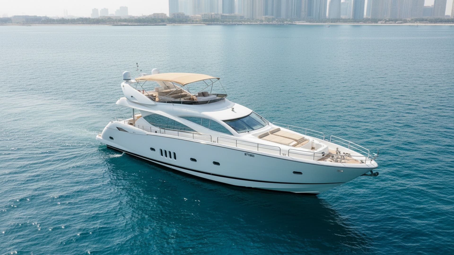 Aerial view Grand Destiny 82 ft yacht, stunning Dubai